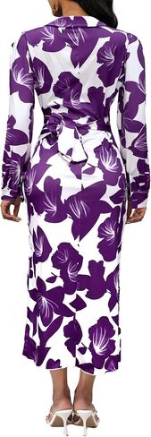 Women's Casual Button Up Elegant Print Tie Waist A-Line Midi Shirt Dress in Saudi Arabia