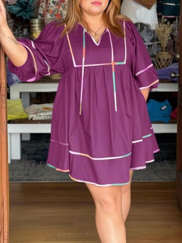 جرس Cicy Womens Babydoll Mini Dresses 3/4 Puff Sleeve v Dritc Dress Dress in Kuwait