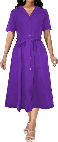 Women's Casual Button Up Elegant Print Tie Waist A-Line Midi Shirt Dress in Saudi Arabia