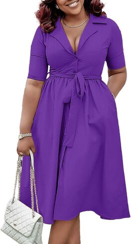 Women's Casual Button Up Elegant Print Tie Waist A-Line Midi Shirt Dress in Saudi Arabia
