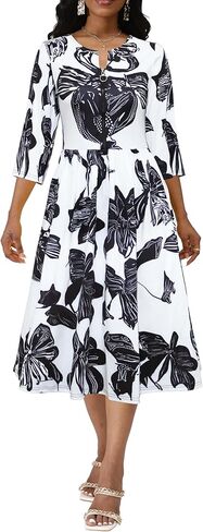 Women's Casual Button Up Elegant Print Tie Waist A-Line Midi Shirt Dress in Saudi Arabia