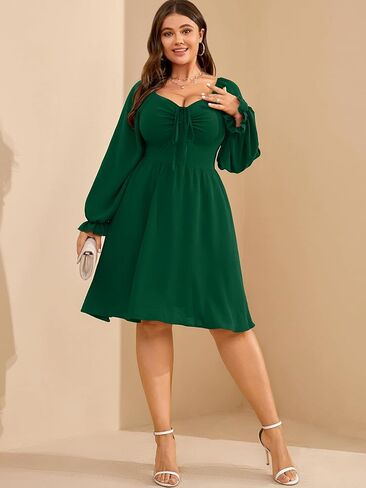 RWJ نساء بالإضافة إلى الحجم فستان الصيف طويل الأكمام التعادل الأمامي الحبيب الرقبة A-LINE LINE MINI GEED DUTSES 2025 in Kuwait