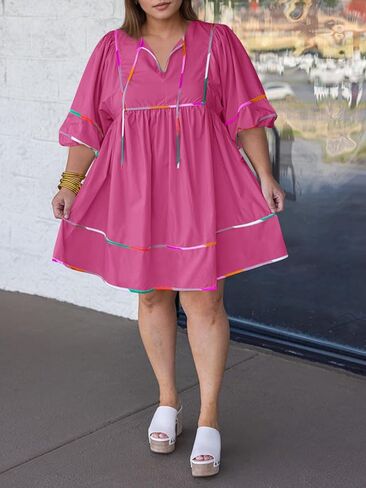 جرس Cicy Womens Babydoll Mini Dresses 3/4 Puff Sleeve v Dritc Dress Dress in Kuwait