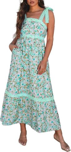 Womens Casual Dress Sleeveless Lace Tie Strap Square Neck Empire Waist A Line Maxi Dress for Spring Summer in Saudi Arabia