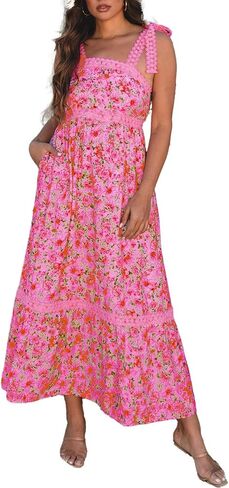Womens Casual Dress Sleeveless Lace Tie Strap Square Neck Empire Waist A Line Maxi Dress for Spring Summer in Saudi Arabia