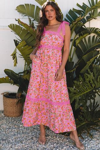 Womens Casual Dress Sleeveless Lace Tie Strap Square Neck Empire Waist A Line Maxi Dress for Spring Summer in Saudi Arabia