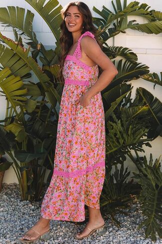 Womens Casual Dress Sleeveless Lace Tie Strap Square Neck Empire Waist A Line Maxi Dress for Spring Summer in Saudi Arabia