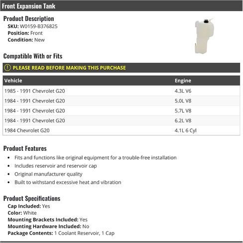 Front Radiator Coolant Overflow Expansion Tank with Cap - Compatible with 1984-1991 Chevy G20 in Saudi Arabia