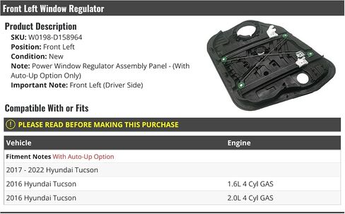 Front Left Driver Side Power Window Regulator Motor and Panel Assembly - Compatible with 2016-2022 Hyundai Tucson (Models with Auto-Up Option Only) in Saudi Arabia
