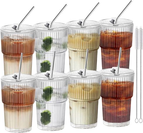 Iced Coffee Cups With Lids and Straws 4 Pcs, 16 OZ Unbreakable Glasses Drinking Set,Clear Plastic Cups Reusable Iced Coffee Tumbler with Lid and Straw, To Go Coffee Cups Dishwasher Safe in Saudi Arabia
