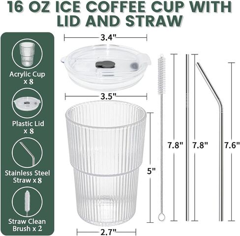 Iced Coffee Cups With Lids and Straws 4 Pcs, 16 OZ Unbreakable Glasses Drinking Set,Clear Plastic Cups Reusable Iced Coffee Tumbler with Lid and Straw, To Go Coffee Cups Dishwasher Safe in Saudi Arabia