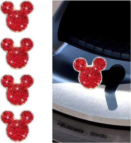 Bling Car Tire Valve Stem Caps, 4PCS Dustproof Crystal Rhinestone Mickey Vehicle Tyre Valve Stem Cover, Sparkling Attractive Auto Wheel Decoration Accessories, Universal Fit (Red) in Saudi Arabia