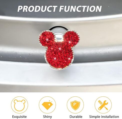 Bling Car Tire Valve Stem Caps, 4PCS Dustproof Crystal Rhinestone Mickey Vehicle Tyre Valve Stem Cover, Sparkling Attractive Auto Wheel Decoration Accessories, Universal Fit (Red) in Saudi Arabia