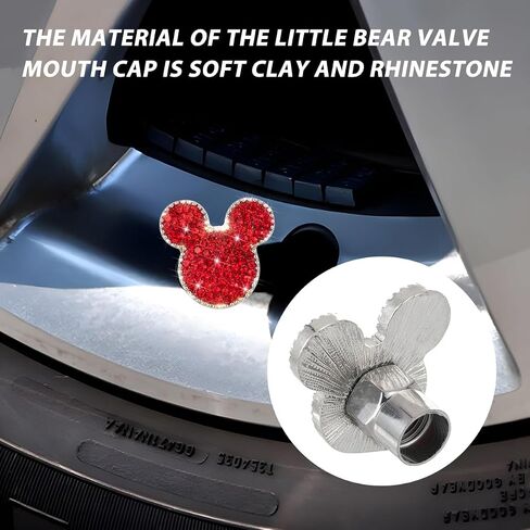 Bling Car Tire Valve Stem Caps, 4PCS Dustproof Crystal Rhinestone Mickey Vehicle Tyre Valve Stem Cover, Sparkling Attractive Auto Wheel Decoration Accessories, Universal Fit (Red) in Saudi Arabia