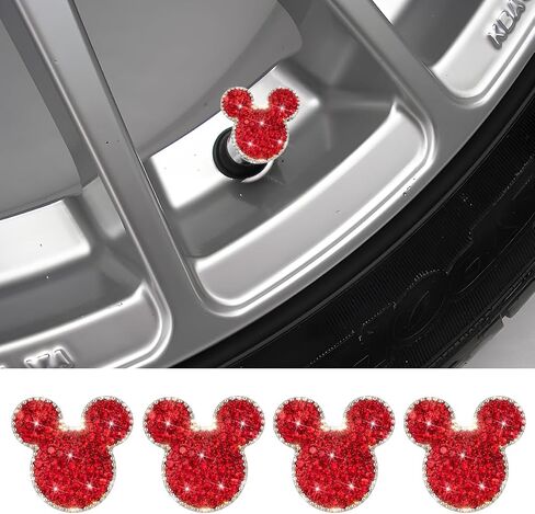 Bling Car Tire Valve Stem Caps, 4PCS Dustproof Crystal Rhinestone Mickey Vehicle Tyre Valve Stem Cover, Sparkling Attractive Auto Wheel Decoration Accessories, Universal Fit (Red) in Saudi Arabia