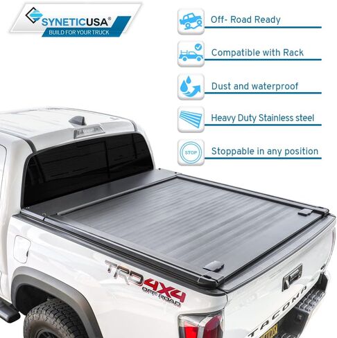 Syneticusa MR قابلة للسحب سرير الشاحنة الصلبة تغطية Tonneau Cover T-slot Rails يناسب 2016-2025 Toyota Tacoma 6ft Box مسحوق مطلي باللون الأسود الأسود ماء in Kuwait