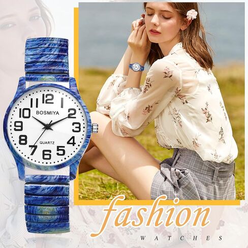 Avaner Women's Elastic Wrist Watches: Painting Printed Stretch Strap Big Number Analog Quartz Easy Reader Bracelet Bangle Watches in Saudi Arabia