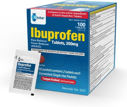 Globe ibuprofentablets ، 200 ملغ ، مسكن الألم واختزاز الحمى ، للصداع ، وآلام عضلية ، والتهاب المفاصل ، وآلام الظهر ، وأكثر من 50 حزمة من قرصين لكل منهما ، 100 قرص in Saudi Arabia