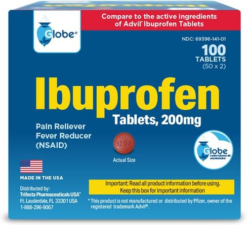 Globe ibuprofentablets ، 200 ملغ ، مسكن الألم واختزاز الحمى ، للصداع ، وآلام عضلية ، والتهاب المفاصل ، وآلام الظهر ، وأكثر من 50 حزمة من قرصين لكل منهما ، 100 قرص in Saudi Arabia