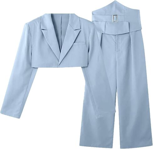 Men Casual Cropped Waistband Design Suit and Wide Leg Suit Pant 2 Pieces Sets in Saudi Arabia