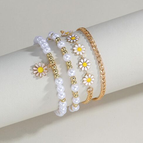 Gold Daisy Bracelet Set for Women White Pearl Stretch Beaded Bracelets Layered Daisy Strand Bracelet summer Boho Bracelets Jewelry Set in Saudi Arabia