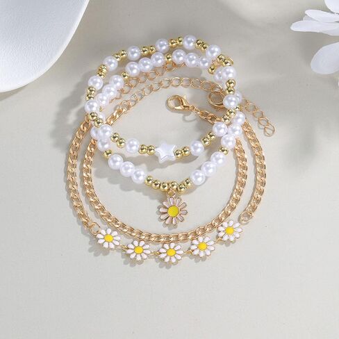 Gold Daisy Bracelet Set for Women White Pearl Stretch Beaded Bracelets Layered Daisy Strand Bracelet summer Boho Bracelets Jewelry Set in Saudi Arabia