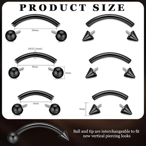 6PCS 16G G23 Titanium Eyebrow Piercing Jewelry for Women Curved Barbell Tiny Eyebrow Ring Vertical Labret Belly Lip Tongue Ring Internally Threaded Rook Tragus Daith Earring 6/8/10mm in Saudi Arabia