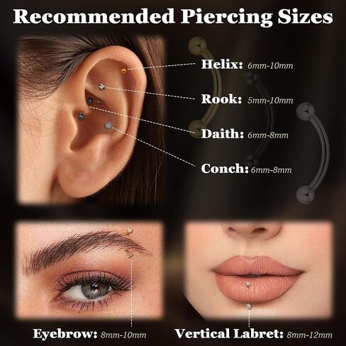 6PCS 16G G23 Titanium Eyebrow Piercing Jewelry for Women Curved Barbell Tiny Eyebrow Ring Vertical Labret Belly Lip Tongue Ring Internally Threaded Rook Tragus Daith Earring 6/8/10mm in Saudi Arabia