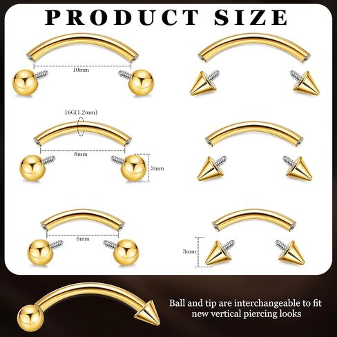 6PCS 16G G23 Titanium Eyebrow Piercing Jewelry for Women Curved Barbell Tiny Eyebrow Ring Vertical Labret Belly Lip Tongue Ring Internally Threaded Rook Tragus Daith Earring 6/8/10mm in Saudi Arabia