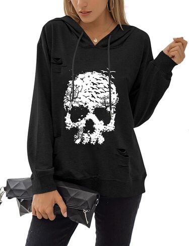 Blooming Jelly Women's Halloween Sweatshirts Skull Graphic T Shirts Long Sleeve Pullover Tops Gothic Fall Clothes 2024 in Kuwait