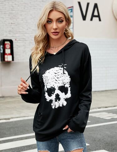 Blooming Jelly Women's Halloween Sweatshirts Skull Graphic T Shirts Long Sleeve Pullover Tops Gothic Fall Clothes 2024 in Kuwait