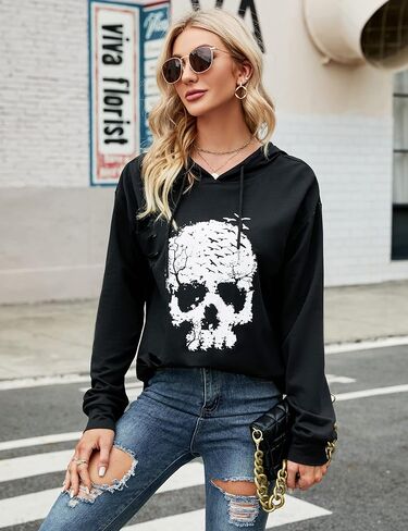 Blooming Jelly Women's Halloween Sweatshirts Skull Graphic T Shirts Long Sleeve Pullover Tops Gothic Fall Clothes 2024 in Kuwait