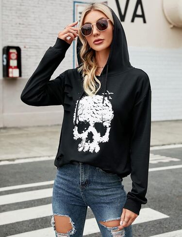 Blooming Jelly Women's Halloween Sweatshirts Skull Graphic T Shirts Long Sleeve Pullover Tops Gothic Fall Clothes 2024 in Kuwait