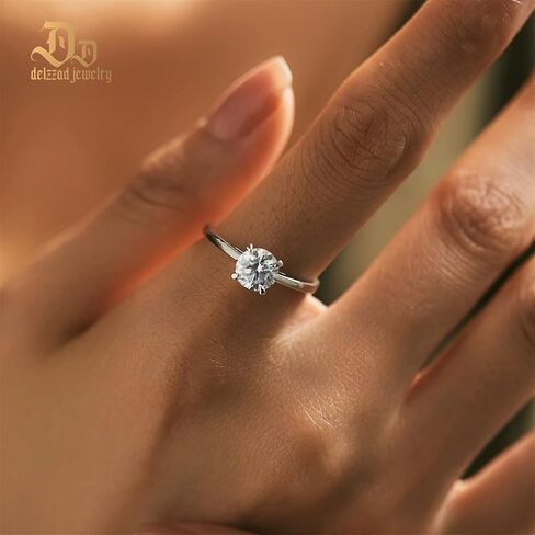 Delzznd Jewelry S925 Sterling Silver Round Solitaire Moissanite Engagement Ring, 1-2ct VVS1 Moissanite, Four-Prong Setting, Hypoallergenic Moissanite Ring For Women Gift in Saudi Arabia