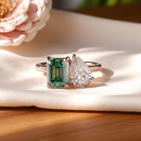 TOI et Moi Ring للنساء | 2 خاتم الخطوبة الحجري مع الزمرد الأخضر والكمثرى على شكل الكمثرى الماس محاكاة | 2.5 قيراط الأحجار الكريمة | 18K الذهب مطلي الوعد خاتم | هدية مجوهرات فريدة من نوعها in Kuwait