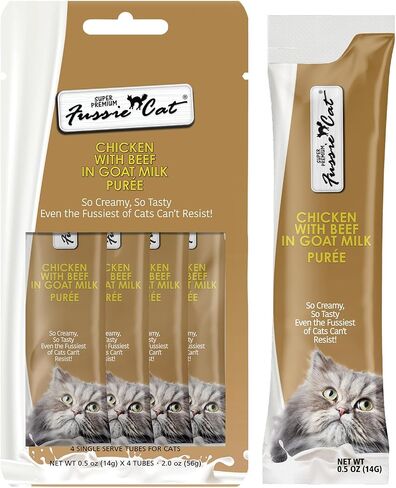 تونة Fussie Cat Premium مع سمك السلمون في هريس حليب الماعز ، وعلاج قطة لعق ، حزمة 0.5 أوقية من 4 in Saudi Arabia