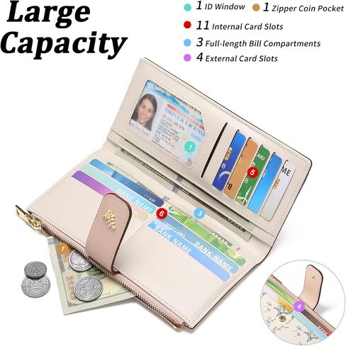 Gaekeao Womens Womens Slim Rfid Rfid Locking Floral Vegan Leather Card حامل Bifold Long Long Wallet مع جيب السوستة in Kuwait