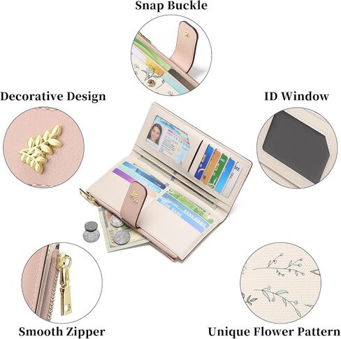 Gaekeao Womens Womens Slim Rfid Rfid Locking Floral Vegan Leather Card حامل Bifold Long Long Wallet مع جيب السوستة in Kuwait