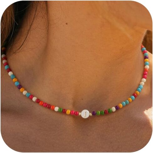 Beaded Initial Necklaces for Women Teen Dainty Colorful Letter Choker Charm Necklace Personalized Handmade Trendy Stuff Cute Bohemian Jewelry Gifts for Her in Saudi Arabia