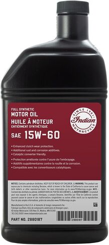 Indian Motorcycle Oil 15W-60 Full Synthetic, Fits All V-Twin Engine Models, Motor Oils, Ultimate Engine Protection, Outstanding Clutch Performance and Shear Stability, 1 Quart - Part 2880187 in Saudi Arabia