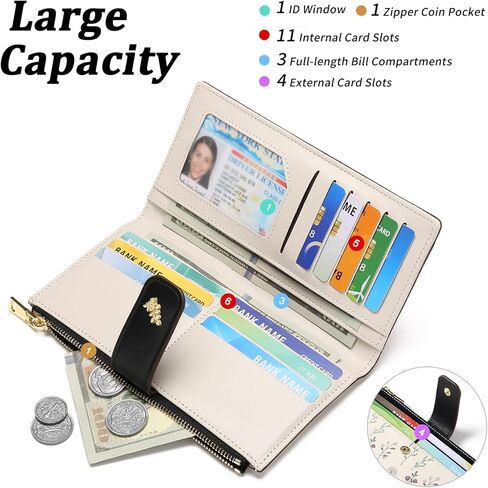 Gaekeao Womens Womens Slim Rfid Rfid Locking Floral Vegan Leather Card حامل Bifold Long Long Wallet مع جيب السوستة in Kuwait