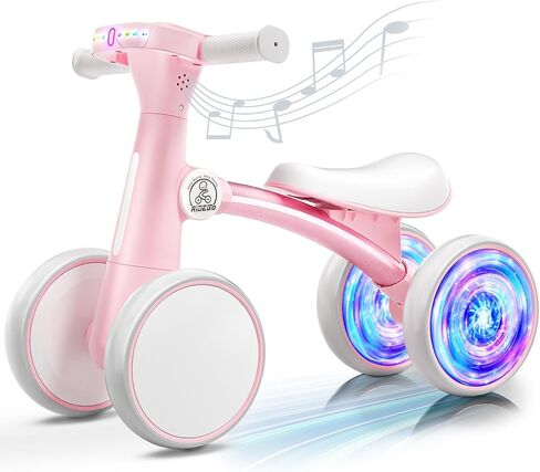 Ridego Loving Lighting Baby Balance Bike Pike for 1 Year Girls Gifts ، Toddler Toys لمدة 12-24 شهرًا مع الموسيقى ، و 4 عجلات صمت Walker Walker ، Toddler First Bike for 12-24 Montr in Kuwait