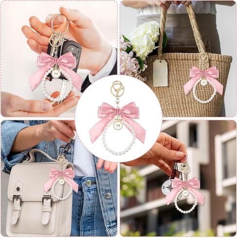 Pink Bow Keychain, Beige Pearl Keychain Coquette Keychain Cute Purse Keychain Bow Purse Charm Bow Bag Charm Keychain Bow Key Chains Wistlet Accessories Bow Gifts Keychains for Women Car Keys Bag Purse in Saudi Arabia