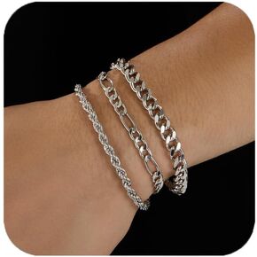 3 PCS Silver Bracelets for Men 925 Sterling Silver/14K Gold Palted Cuban Link Chain Bracelet Figaro Rope Bracelet Set Mens Jewelry Gifts for Dad Husband Boyfriend 7.5/8.2 Inches in Kuwait