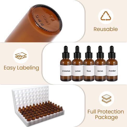 50 حزمة 1 أوقية من زجاجات القطرات الزجاجية العنبر مقاومة للتسرب مع الاستعراض ، وقطرات العين ، والأغطية الإضافية ، والعلامات - قابلة لإعادة الملء 30 مل زجاجات فارغة للصبغات ، والزيوت الأساسية ، والعطور ، واللحية ، وزيت الشعر in Kuwait