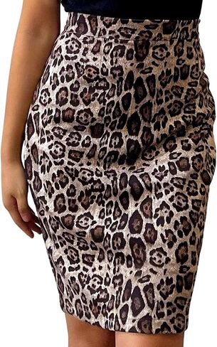 Ezcosplay Women Faux Suede Leopard Pencil Skirt Knee Length High Waisted Cheetah Print Bodycon Midi Skirts in Saudi Arabia