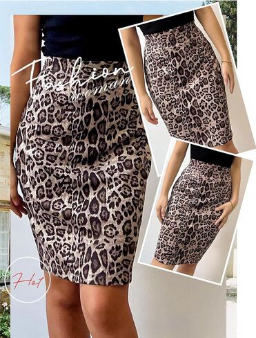 Ezcosplay Women Faux Suede Leopard Pencil Skirt Knee Length High Waisted Cheetah Print Bodycon Midi Skirts in Saudi Arabia