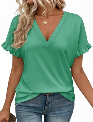 فاليامبسيب سيدة الأكمام القصيرة الكشكشة v-neck t قمصان الشاطئ شاطئ الصيف الربيع ملابس in Kuwait