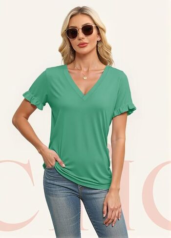 فاليامبسيب سيدة الأكمام القصيرة الكشكشة v-neck t قمصان الشاطئ شاطئ الصيف الربيع ملابس in Kuwait