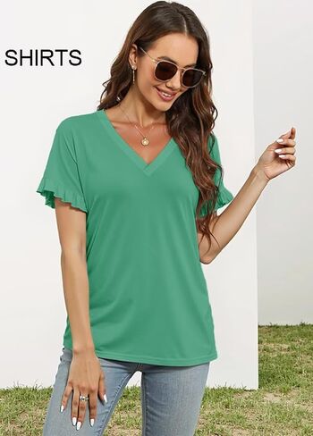 فاليامبسيب سيدة الأكمام القصيرة الكشكشة v-neck t قمصان الشاطئ شاطئ الصيف الربيع ملابس in Kuwait